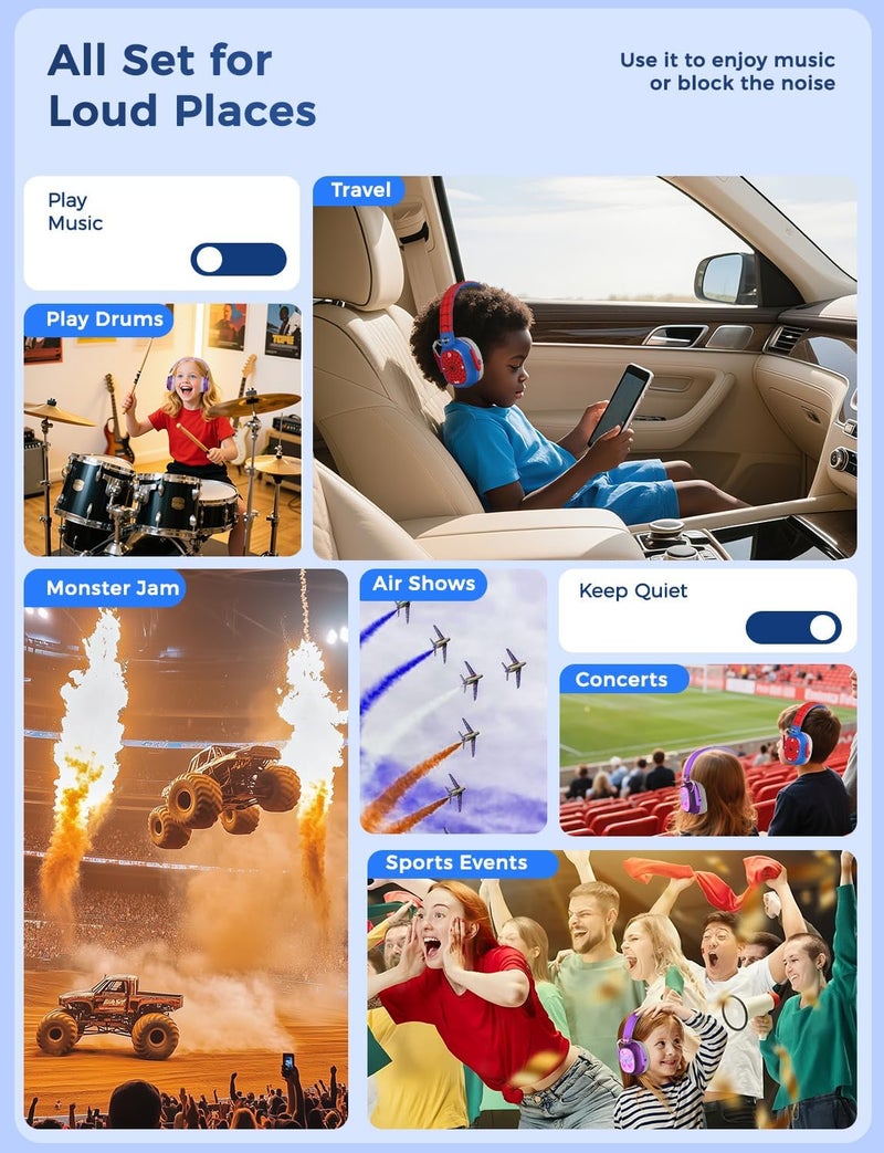 iClever Noise Cancelling Headphones for Kids Adults, Bluetooth Ear Protection with 60H Play Time, Safe Volume 80dBA, Noise Reduction Headphones for Autism Fireworks/Monster Truck, FOCUS - Image 5